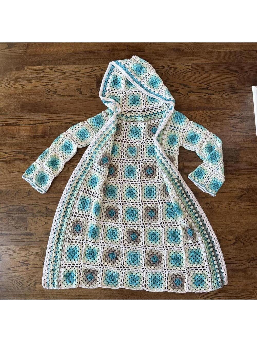 🧶 Handmade Crochet Hooded Granny Square Duster Cardigan – Women’s XS/S - Picture 2 of 6
